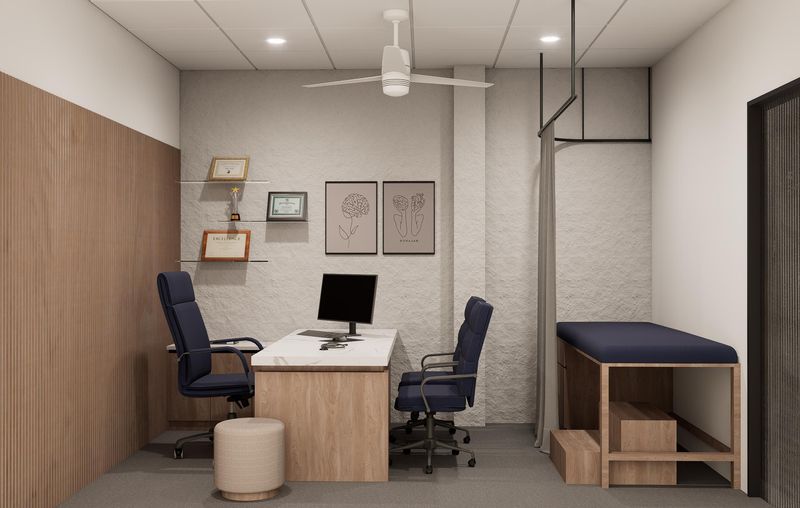 Consultation room with doctor's desk and examination bed