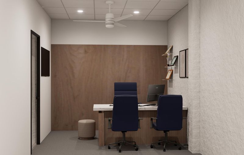 Doctor's cabin with desk and patient chairs