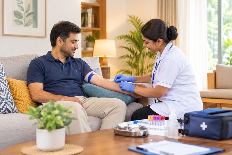 A nurse collecting a blood sample from a patient seated on a sofa at home